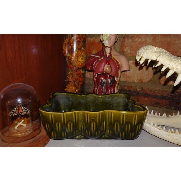 Vintage Upco Green Rectangle Planter w/ Scalloped Edges farmhouse art deco 1970s - Picture 6 of 16